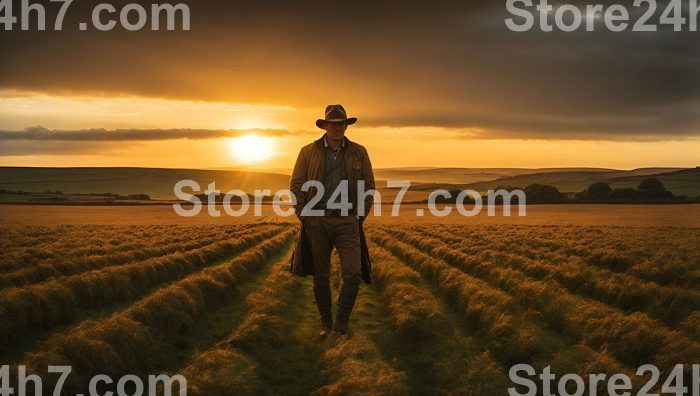Sunset Silhouette of a Weary Farmer