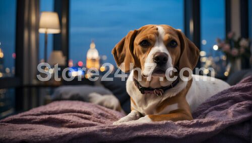 Beagle Contemplating City Night Lights