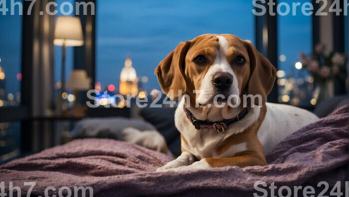 Beagle Contemplating City Night Lights