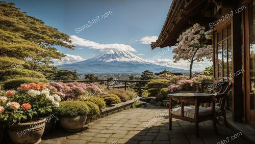 Traditional Japanese Garden with Mount Fuji