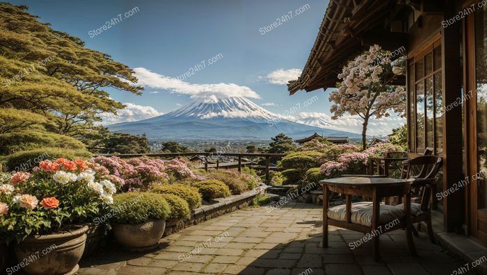 Traditional Japanese Garden with Mount Fuji
