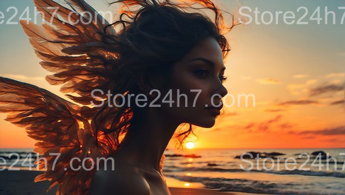 Serene Angelic Figure Sunset Beach