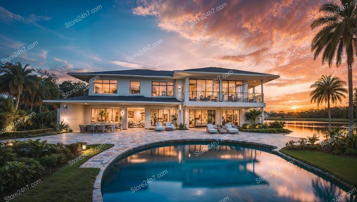 Sunset Skies Over Luxe Waterfront Home