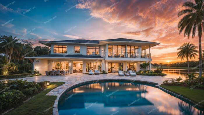 Sunset Skies Over Luxe Waterfront Home