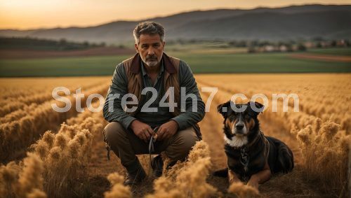 Weary Farmer at Sunset with Dog