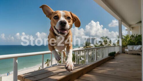 Beagle Leaping Balcony Ocean View