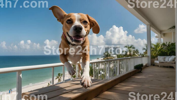 Beagle Leaping Balcony Ocean View