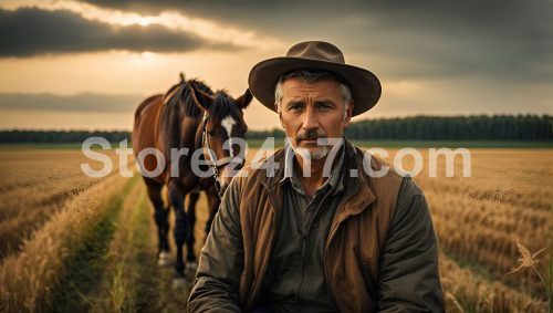 Tired Farmer with Horse at Dusk