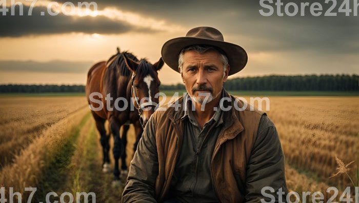 Tired Farmer with Horse at Dusk