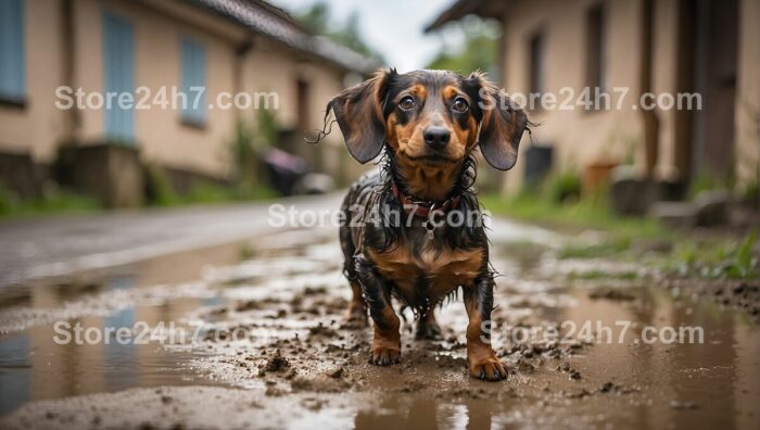 Muddy Dachshund Rainy Village Adventure