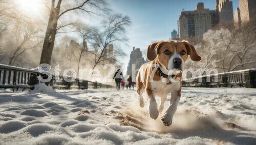 Beagle Running Snowy Park Adventure