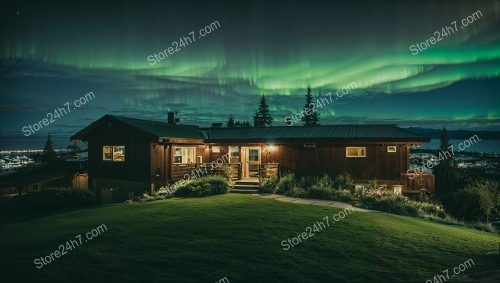 Northern Lights over Norwegian Wooden Cabin