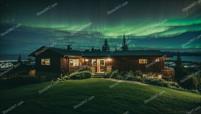 Northern Lights over Norwegian Wooden Cabin