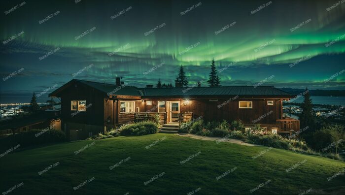 Northern Lights over Norwegian Wooden Cabin