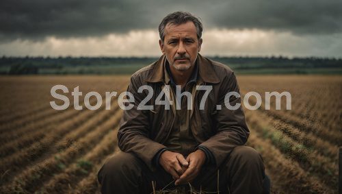 Farmer Contemplates Field Under Stormy Sky