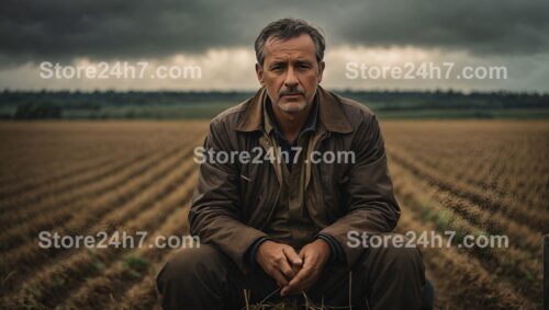 Farmer Contemplates Field Under Stormy Sky