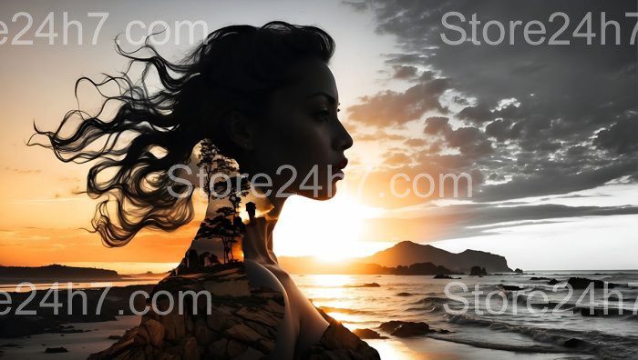 Mystical Sunset Silhouette Profile Seascape