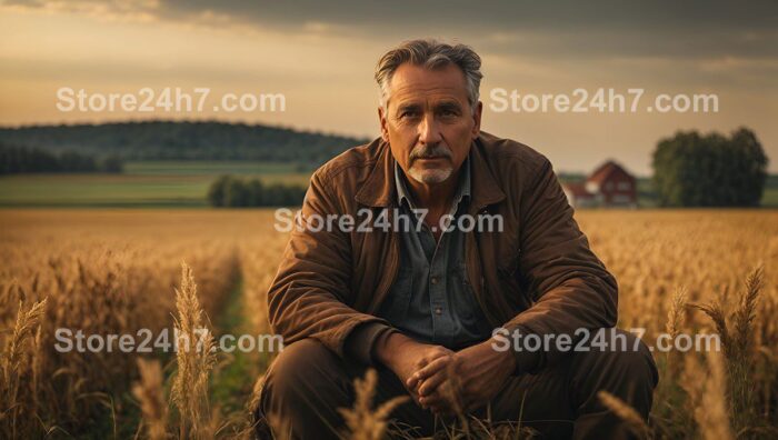 Farmer's Contemplative Dusk in Golden Fields