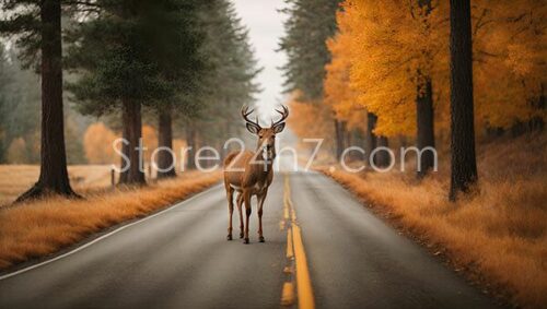 Deer Stands on Autumn Road