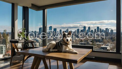 Husky Overlooking Cityscape from Above