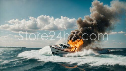 Boat on Fire Amidst Churning Waves