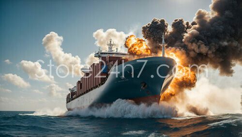Container Ship Under Missile Attack Red Sea