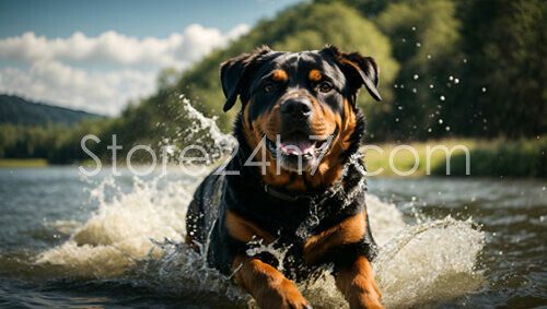 Rottweiler Splashing Through River Bliss
