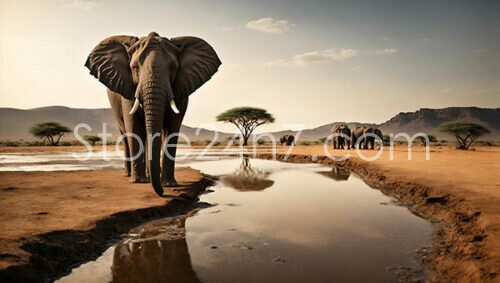 Herd of Elephants at a Shrinking Waterhole