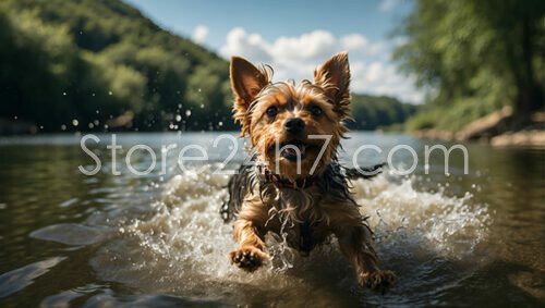 Yorkshire Terrier Splashing Through Water