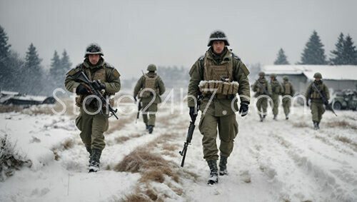 Troops Marching Through Winter Terrain