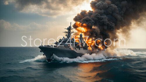 Naval Warship Ablaze Ocean Sunset