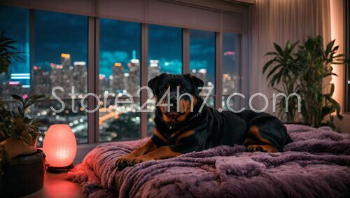 Rottweiler Contemplates Urban Night View