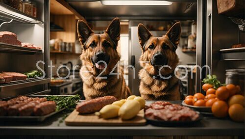 German Shepherds Guarding Kitchen Feast