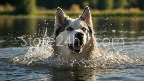 Husky Swimming in Sunlit Water