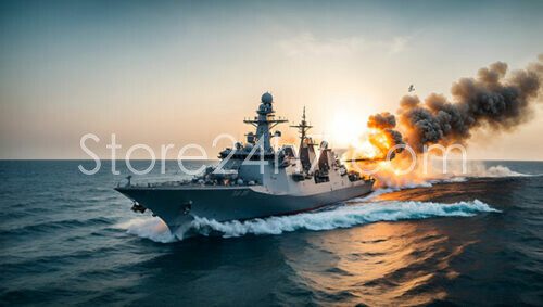 Warship Firing Missiles at Sea