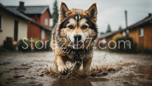 Husky Splashing Joyfully in Mud