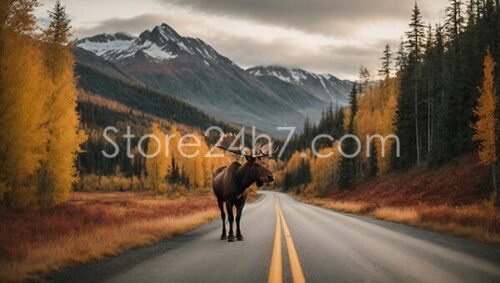 Moose on Scenic Autumn Roadway