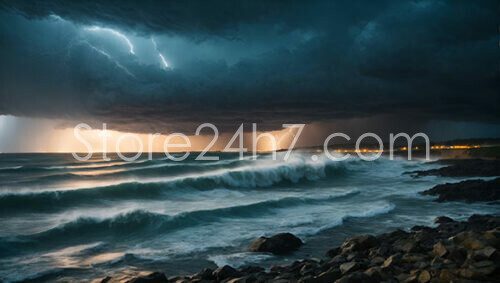 Stormy Seascape with Lightning Strikes