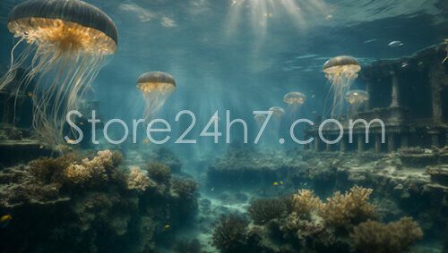 Mystical Jellyfish Ancient Underwater Ruins
