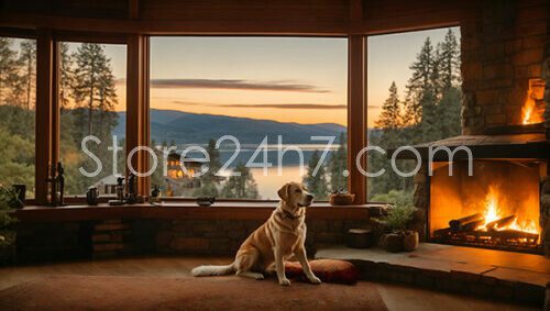 Labrador Watches Sunset by Fireplace