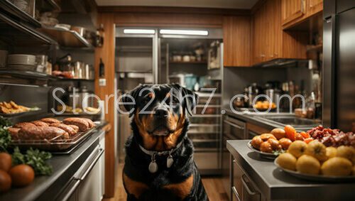 Rottweiler Awaiting Dinner Kitchen Scene