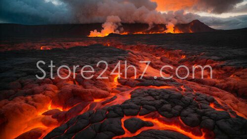 Erupting Volcano Red Lava Flow
