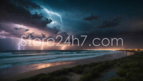 Beachfront Lightning Storm at Twilight