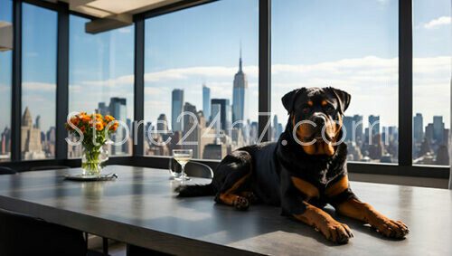 Rottweiler Lounging with Cityscape View