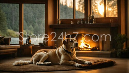 Golden Retriever Relaxes by Fireplace
