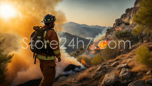 Firefighter Overlooks Mountain Wildfire Scene