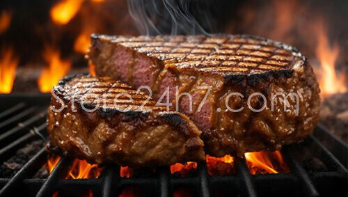 Juicy Grilled Steak Flaming Grill