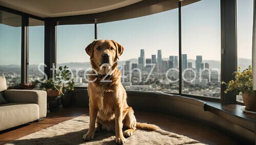 Regal Dog Overlooking Cityscape