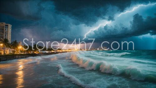 Coastal City Lightning Storm Seascape