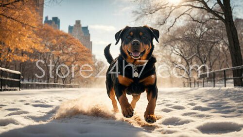 Joyful Rottweiler Playing Snowy Park